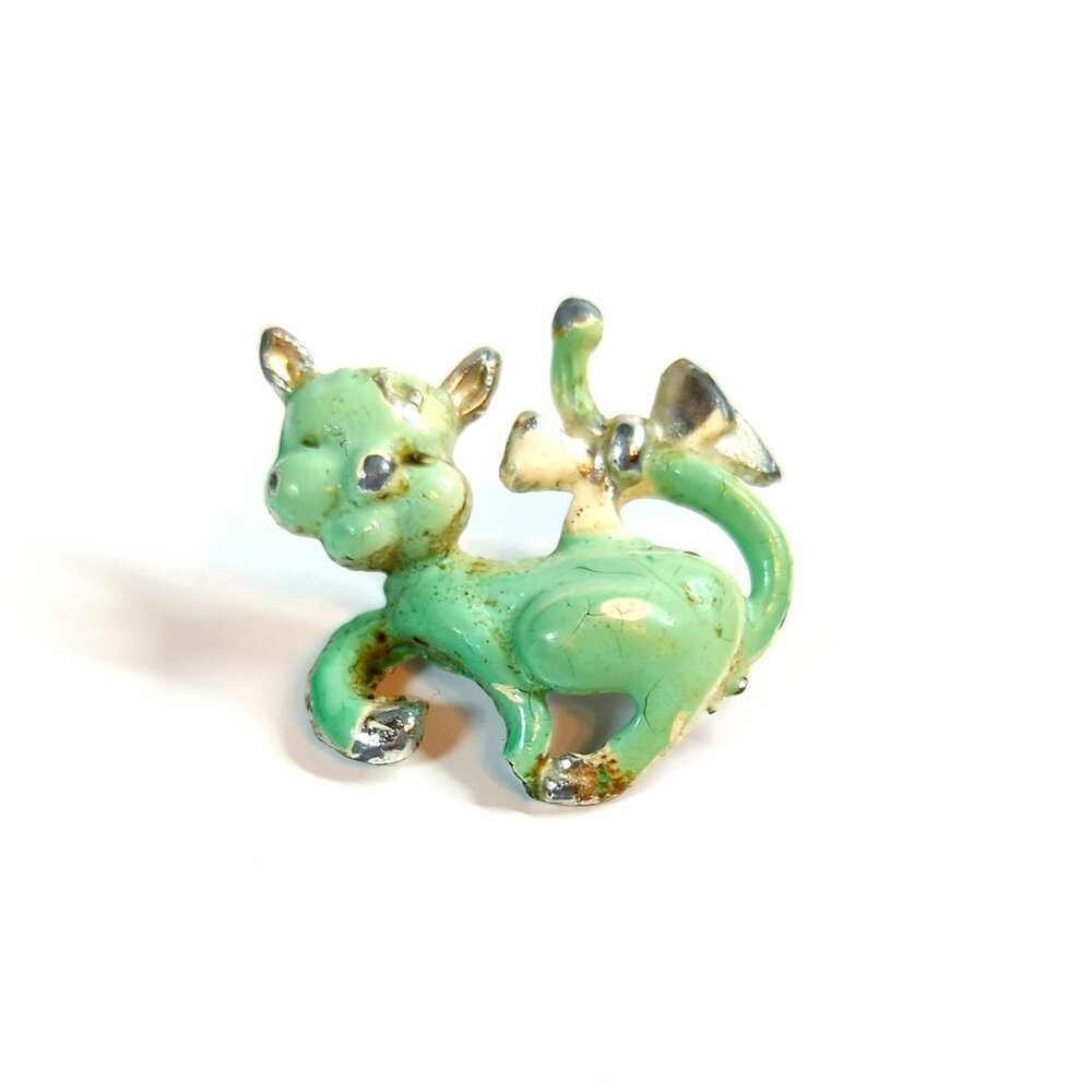 Vintage Green Enamel Cat Silver Tone Brooch Pin 1 Inch Tall - Picture 2 of 6